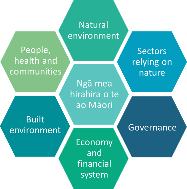 seven domains: natural environment, sectors relying on nature, people health and communities, built environment, ngā mea hirahira o te ao Māori, governance, economy and financial system, built environment